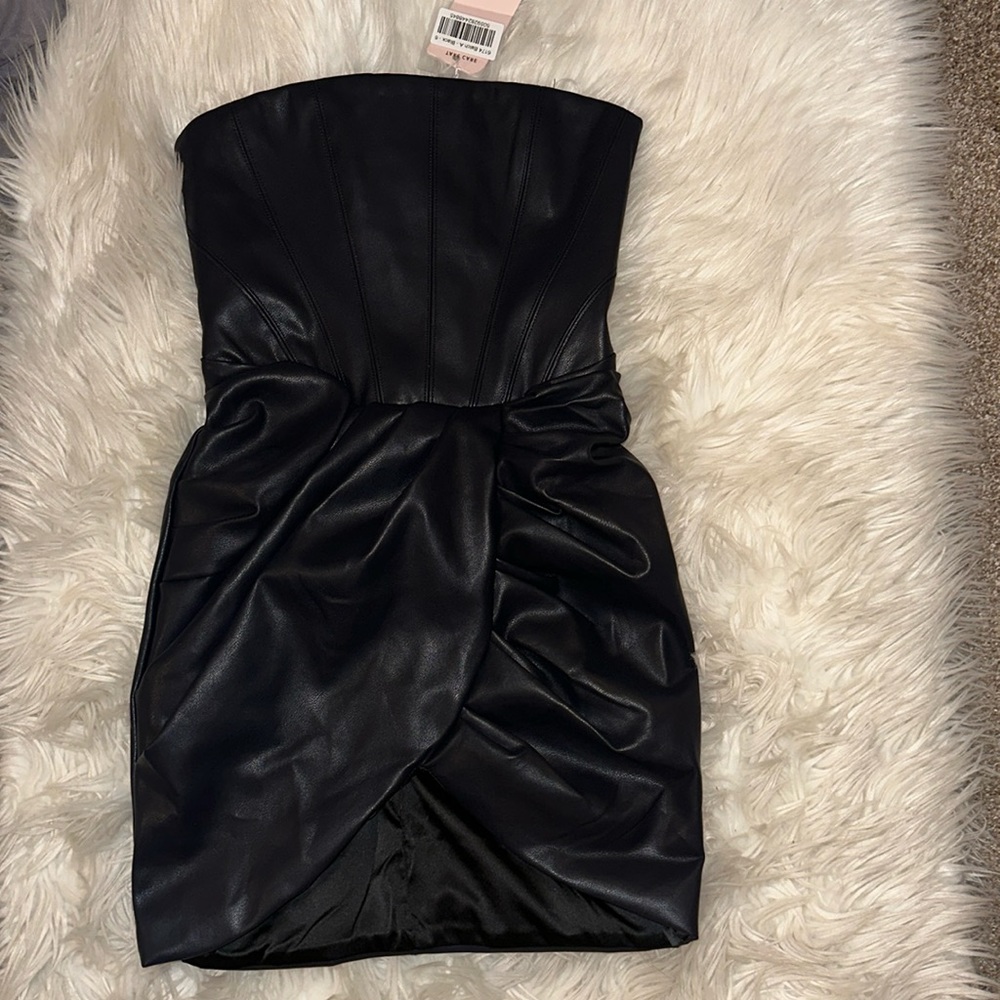 Oh Polly Vegan Leather Bandeau Corset Mini Dress in Midnight Black US 2